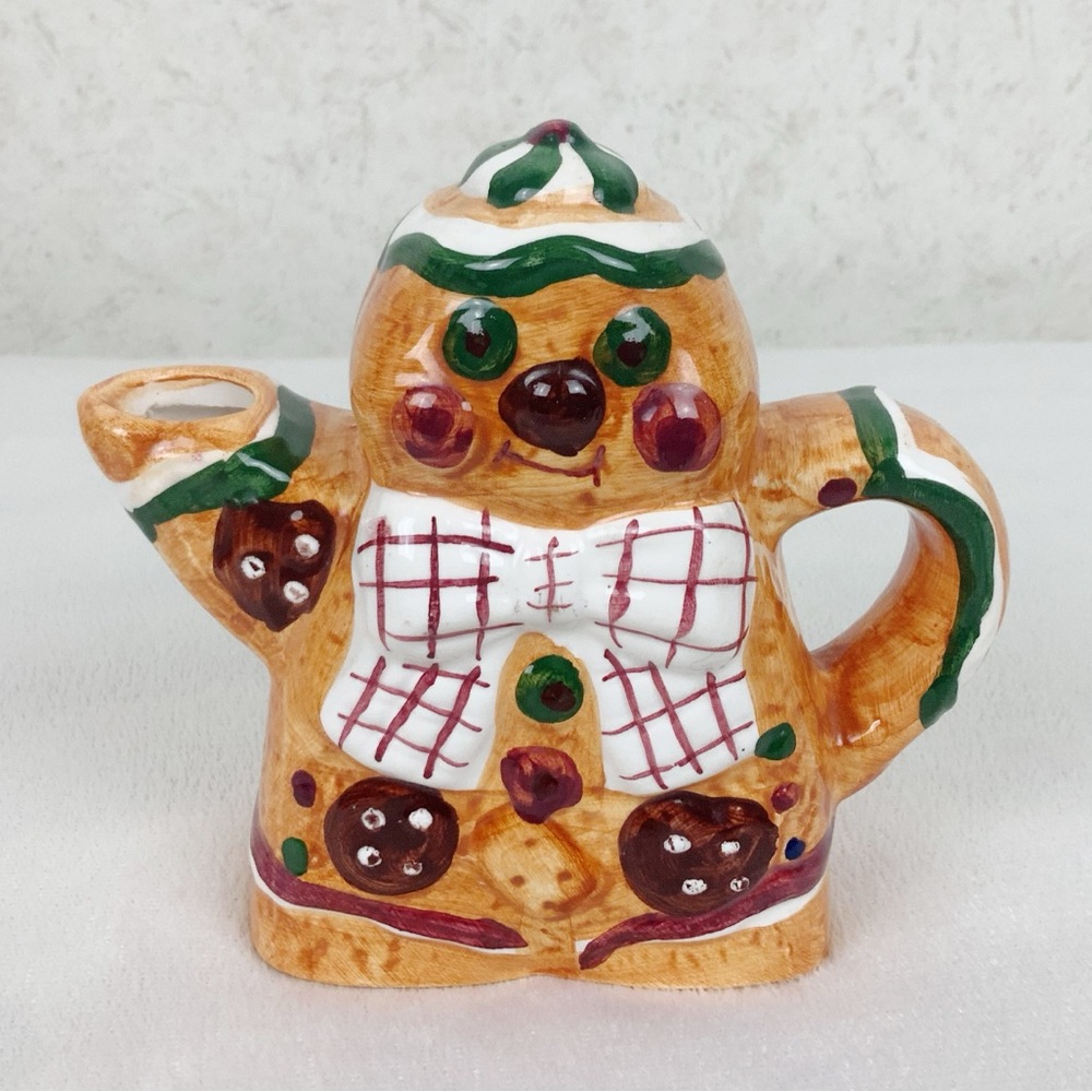 Vintage Gingerbread Man Mini Teapot Creamer Bow Christmas Holiday Ceramic
